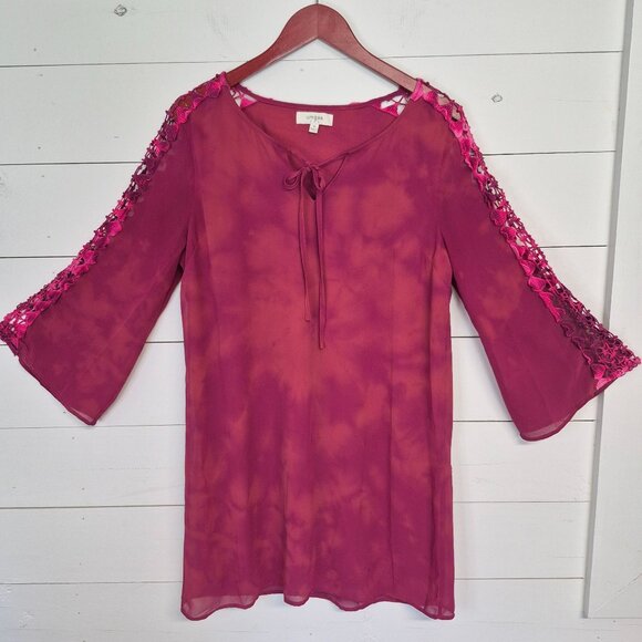 Umgee USA Dresses & Skirts - Umgee USA Womens Pink Tie-Dye Drrss W/ Crochet Sleeve Detail Bell Sleeves & Fron